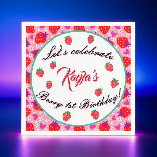 Pink Strawberry First Birthday Party Napkins