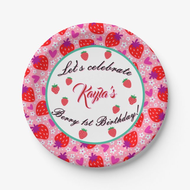 Pink Strawberry First Birthday Party  Paper Plates (Front)