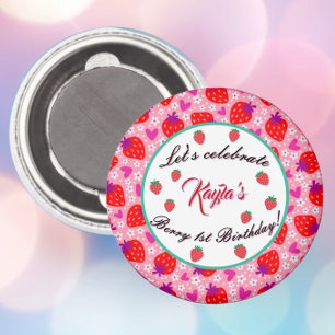 Pink Strawberry First Birthday Party Personalized Magnet