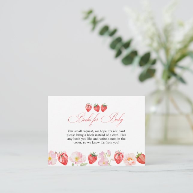 Pink Strawberry Floral Baby Shower Books For Baby Enclosure Card (Standing Front)