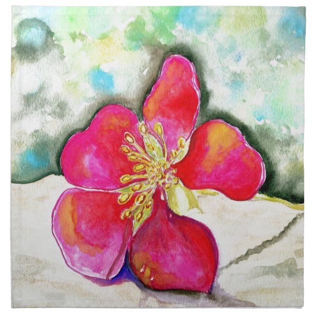 Pink Strawberry Flower Watercolor Painting Napkin (Front)