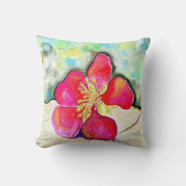 Pink Strawberry Flower Watercolor Throw Pillow (Front)