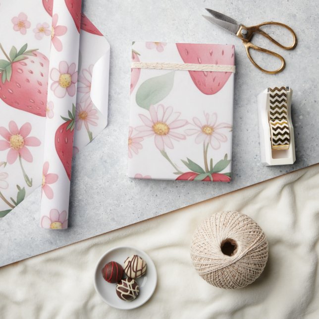 Pink Strawberry flowers Birthday Party for her Wrapping Paper (Crafts)
