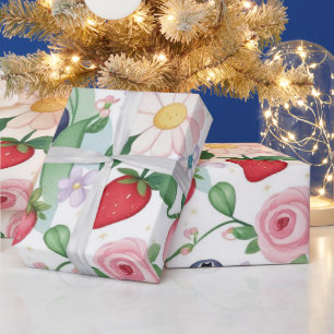 Pink Strawberry flowers Birthday Party for her Wrapping Paper