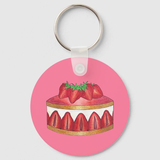 Pink Strawberry Fraisier Cake French Pastry Chef Keychain (Front)