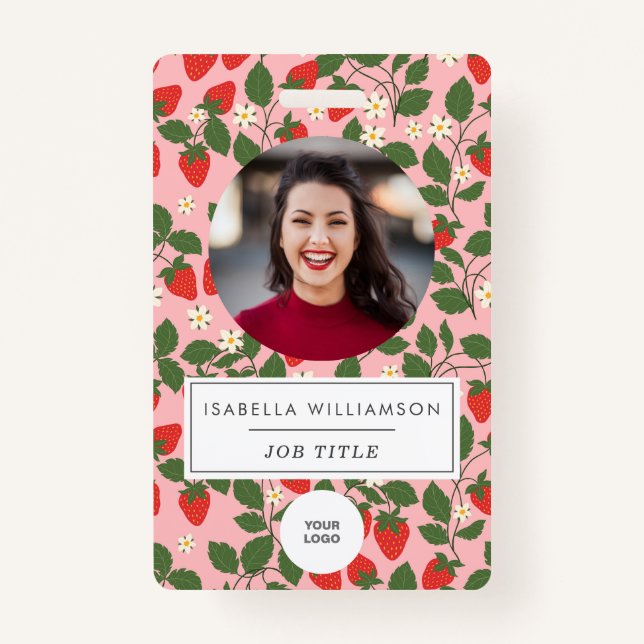 Pink Strawberry Fruit Unique Employee Photo ID Badge (Front)