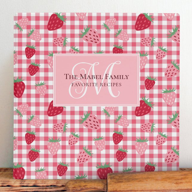 Pink Strawberry Gingham Pattern Monogram Recipe 3 Ring Binder (Creator Uploaded)