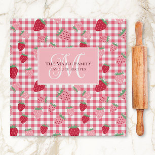Pink Strawberry Gingham Pattern Monogram Recipe 3 Ring Binder