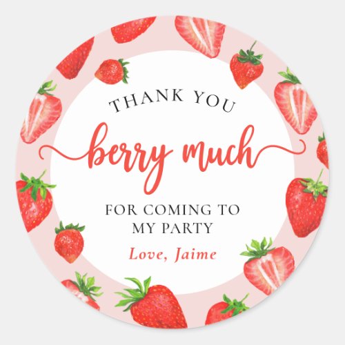 Pink Strawberry Girl Birthday Thank You Berry Much Classic Round Sticker