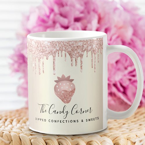 Pink Strawberry Glitter Drip Confection Sweet Gold Coffee Mug