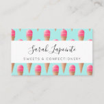Pink Strawberry Ice Cream Cone Pattern, Blue Business Card