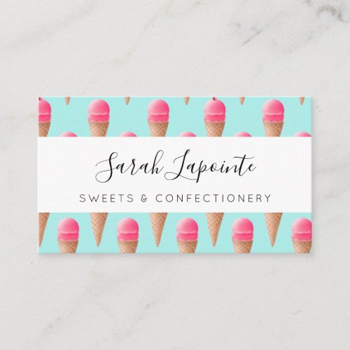 Pink Strawberry Ice Cream Cone Pattern Blue Business Card