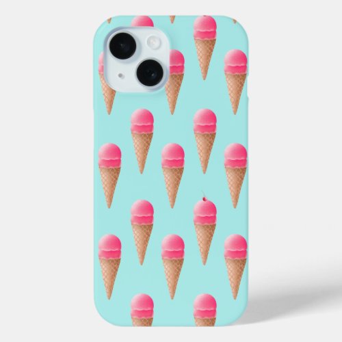 Pink Strawberry Ice Cream Cone Pattern Blue iPhone 15 Case
