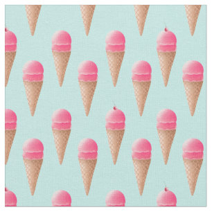 Pink Strawberry Ice Cream Cone Pattern, Blue Fabric