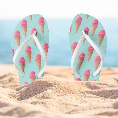 Pink Strawberry Ice Cream Cone Pattern Blue Flip Flops