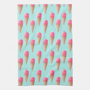 Pink Strawberry Ice Cream Cone Pattern, Blue Kitchen Towel