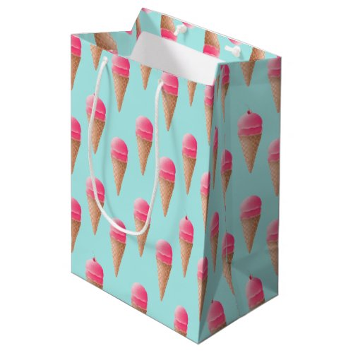 Pink Strawberry Ice Cream Cone Pattern Blue Medium Gift Bag