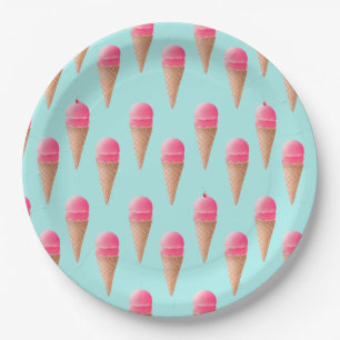 Pink Strawberry Ice Cream Cone Pattern, Blue Paper Plates