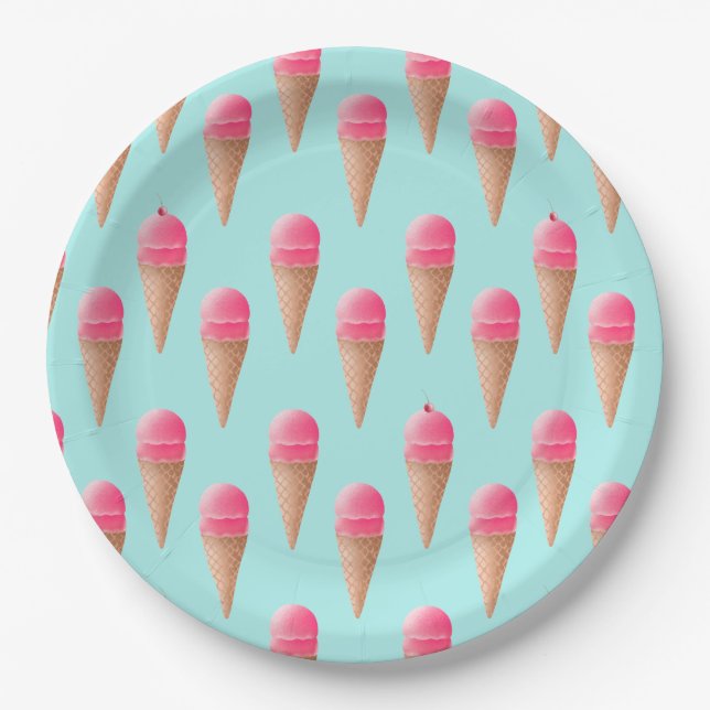 Pink Strawberry Ice Cream Cone Pattern, Blue Paper Plates (Front)