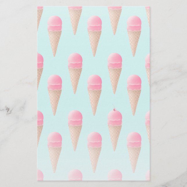 Pink Strawberry Ice Cream Cone Pattern, Blue Stationery (Front)