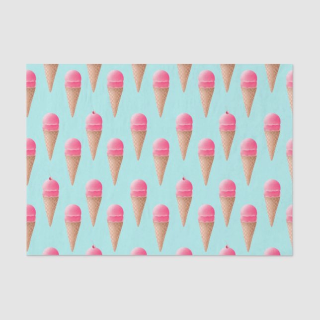 Pink Strawberry Ice Cream Cone Pattern, Blue Tissue Paper (Front)