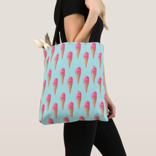 Pink Strawberry Ice Cream Cone Pattern Blue Tote Bag