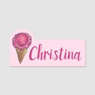 Pink Strawberry Ice Cream Scoop Shop Waffle Cone Name Tag