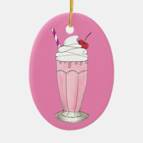 Pink Strawberry Ice Cream Shake Milkshake Dessert Ceramic Ornament