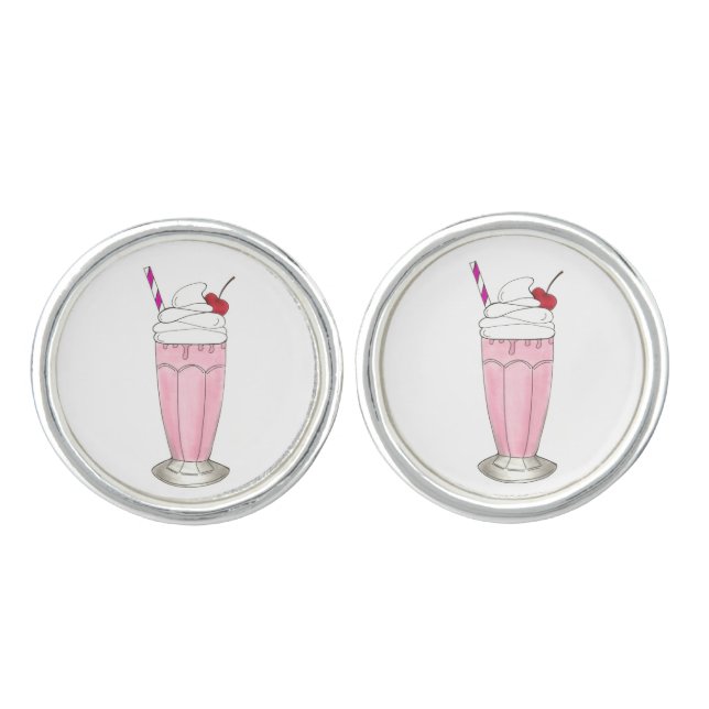 Pink Strawberry Ice Cream Shake Milkshake Dessert Cufflinks (Front)