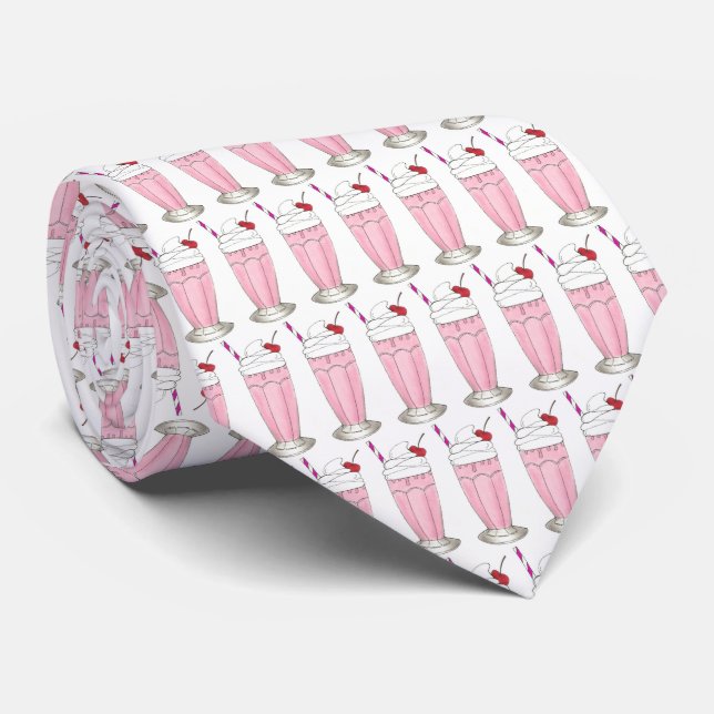 Pink Strawberry Ice Cream Shake Milkshake Dessert Neck Tie (Rolled)