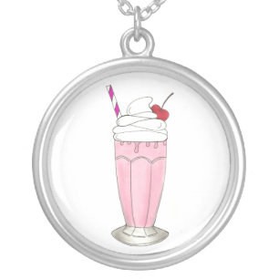 Pink Strawberry Ice Cream Shake Milkshake Dessert Silver Plated Necklace