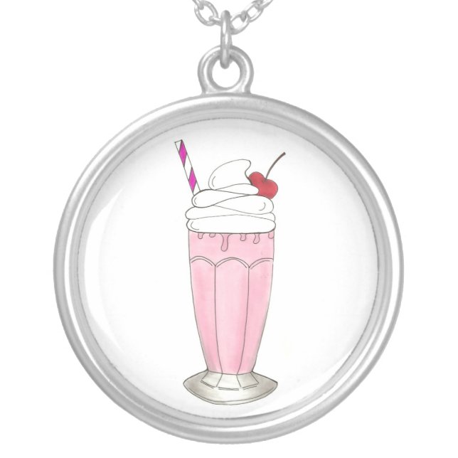 Pink Strawberry Ice Cream Shake Milkshake Dessert Silver Plated Necklace (Front)