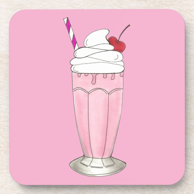 Pink Strawberry Ice Cream Shoppe Milkshake Dessert Coaster (Front)