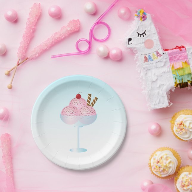 Pink Strawberry Ice Cream Sundae Illustration Paper Plates (Party)
