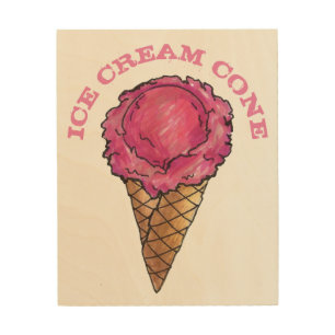 Pink Strawberry Ice Cream Waffle Cone Food Kitchen Wood Wall Decor