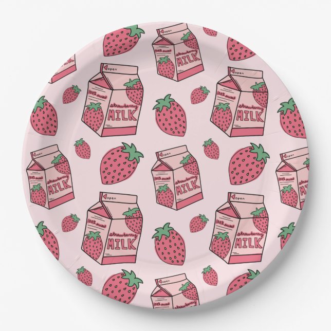 Pink Strawberry Milk Pattern Birthday Party Paper Plates (Front)