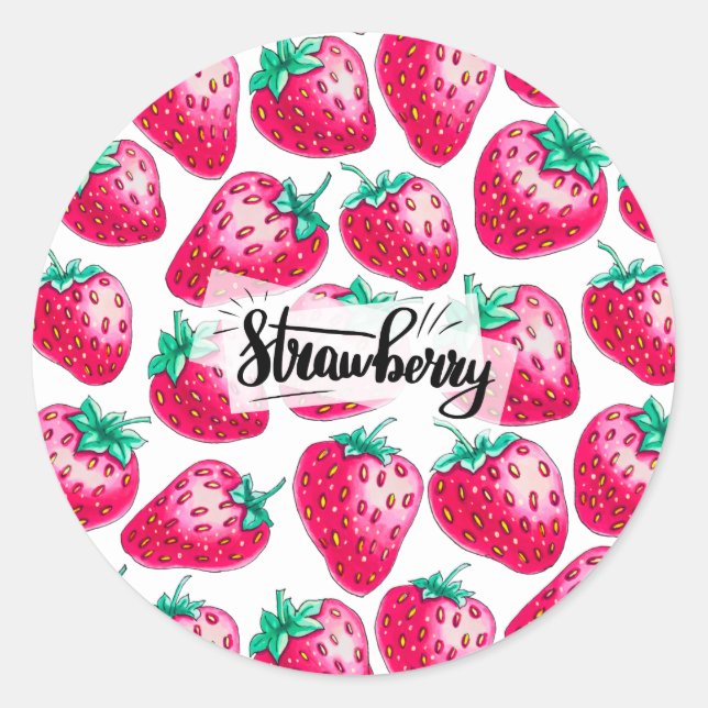 Pink Strawberry on white background Classic Round Sticker (Front)