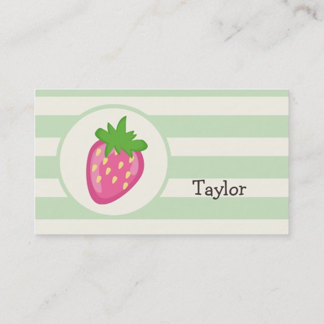 Pink Strawberry; Pastel Green Stripes Business Card (Back)