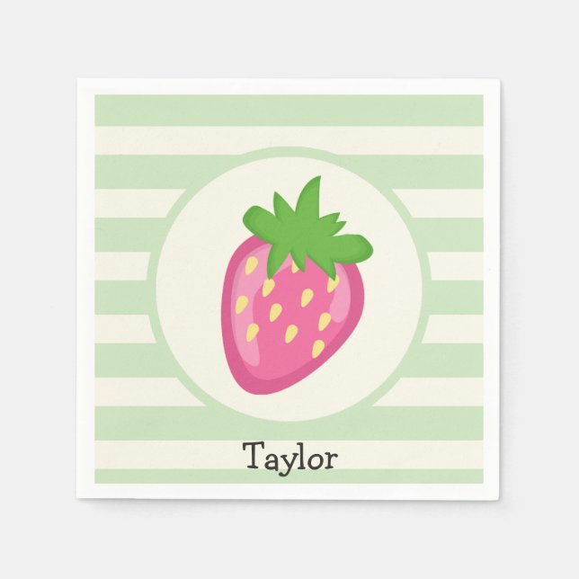 Pink Strawberry; Pastel Green Stripes Paper Napkins (Front)