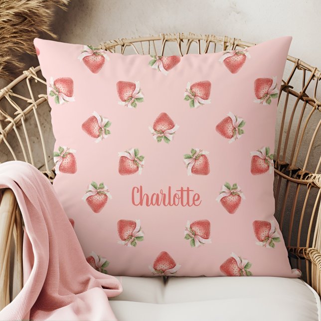 Pink Strawberry Pattern Coquette Bow Throw Pillow (Creator Uploaded)