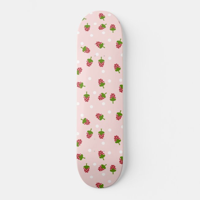 Pink Strawberry Pattern Cute Girly Kawaii Skateboard (Front)