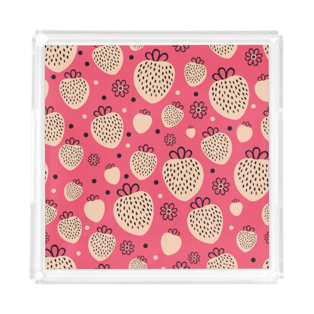 Pink strawberry pattern: seamless sweet design acrylic tray (Front)