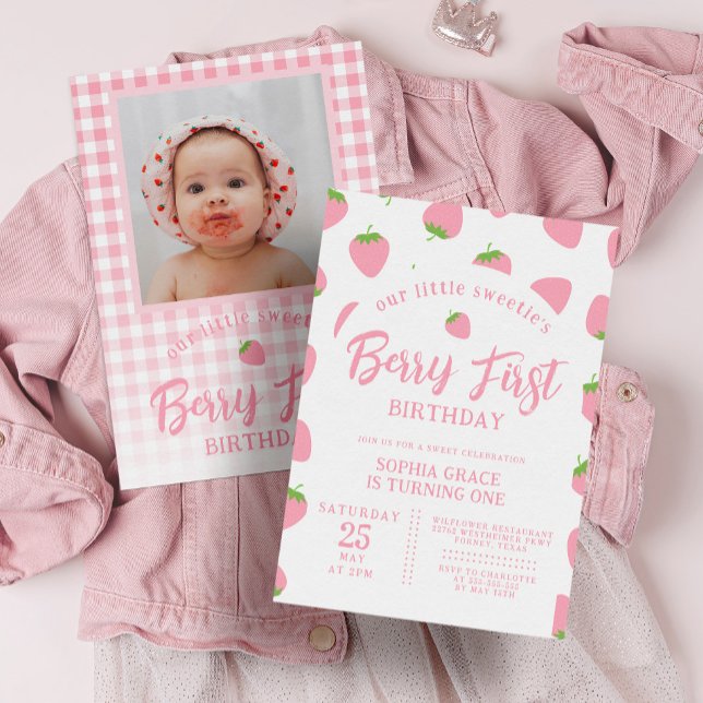 Pink Strawberry Photo Berry First 1st Birthday Invitation (Creator Uploaded)