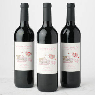 Pink Strawberry Polar Bear Toys Girl Baby Shower  Wine Label
