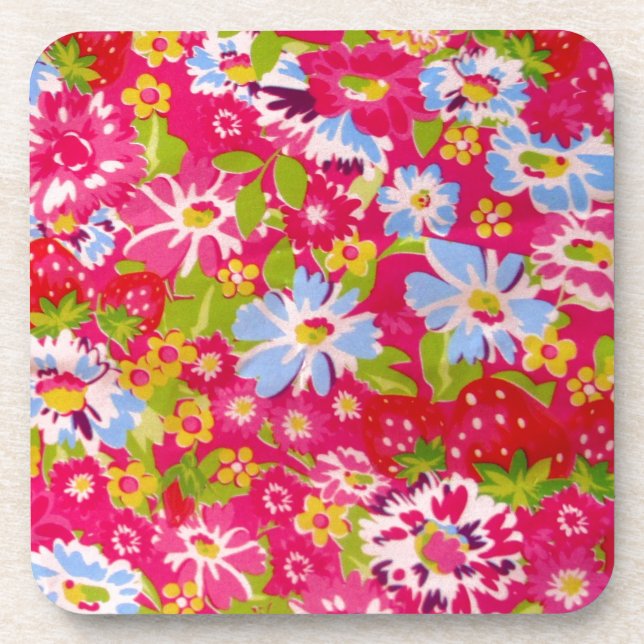 Pink  strawberry retro colourful floral coaster (Front)
