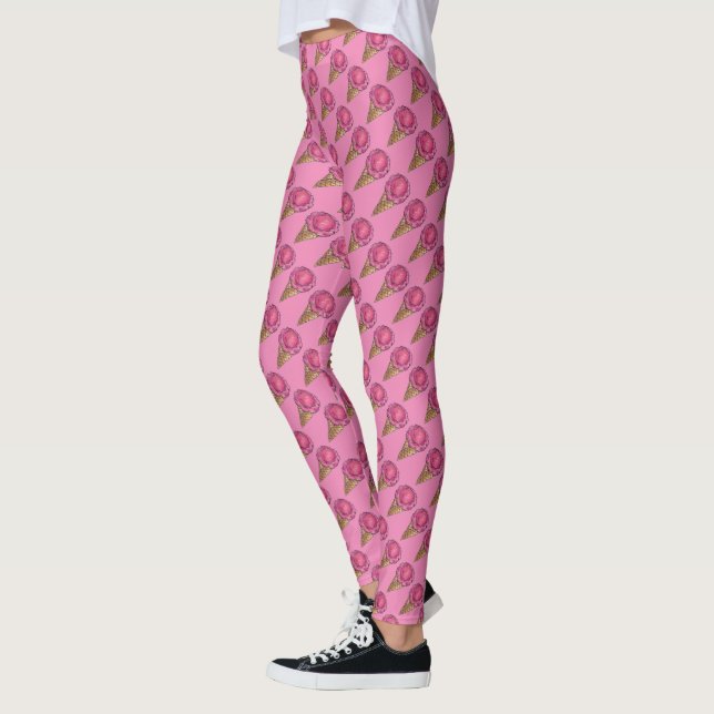Pink Strawberry Scoop Ice Cream Cone Food Leggings (Left)