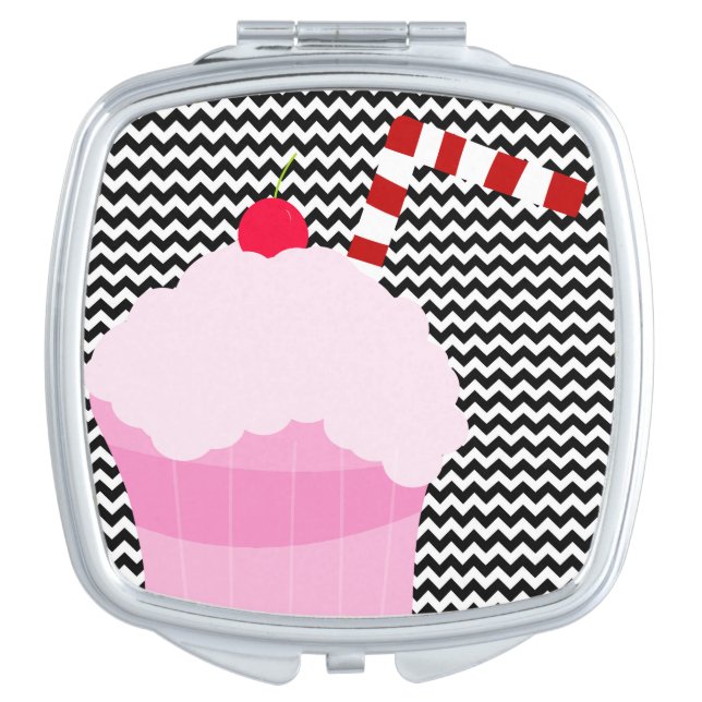 Pink Strawberry Soda Chevron Compact Mirror (Front)