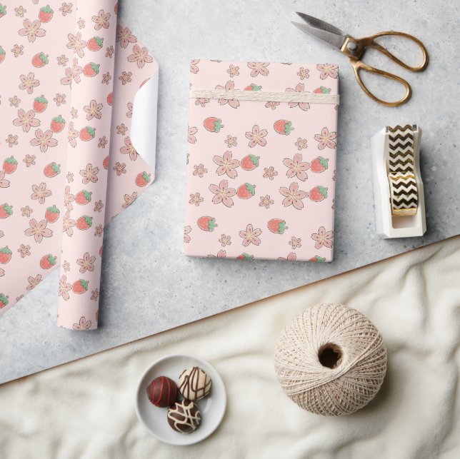 Pink Strawberry Spring theme Wrapping Paper (Crafts)