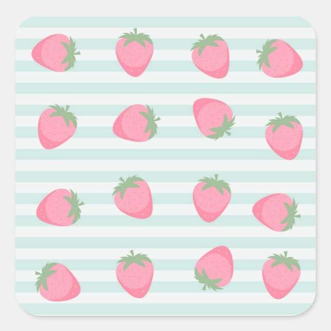 Pink Strawberry Stripes Square Sticker (Front)