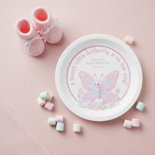 Pink Strawberry Sweet Butterfly Girl Baby Shower Paper Plates